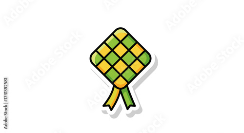 A Diamond-Shaped Ketupat Food Item with Green and Yellow Pattern.