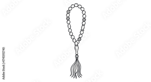 Hand-drawn prayer beads with tassel black and white line art illustration.