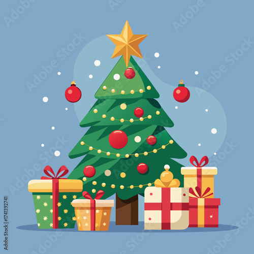 Elegant Christmas tree adorned with sparkling gold ornaments, shining star topper, delicate ribbons, and glowing fairy lights with gift boxes below, luxurious festive vector art for holiday celebratio
