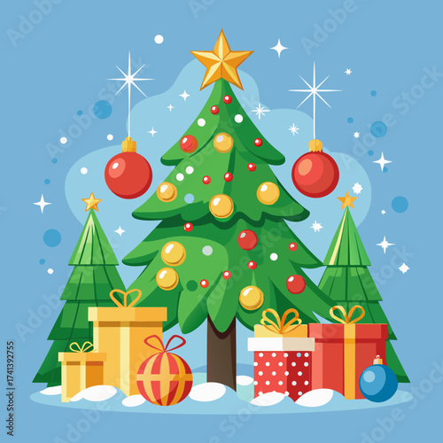 Classic glowing Christmas tree decorated with golden star, red baubles, ribbons, and shimmering lights, surrounded by colorful wrapped presents, joyful festive winter holiday vector illustration