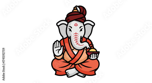 Cartoon depiction of Lord Ganesha in a seated pose with a turban.