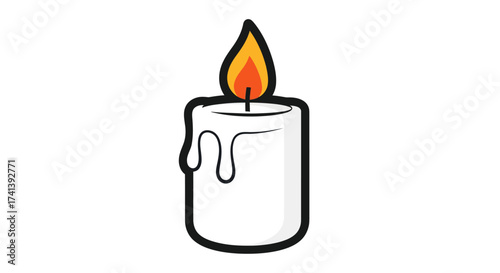 A lit white candle with dripping wax and a bright flame.
