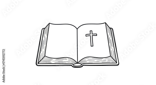 Open Bible with Cross Symbol Black and White Illustration.