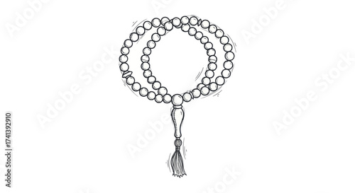 Hand-drawn illustration of Islamic prayer beads with a tassel.