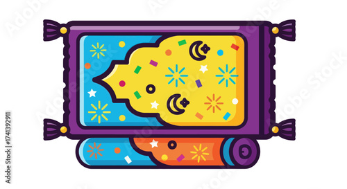 Colorful Islamic Prayer Rug with Geometric and Celestial Designs.