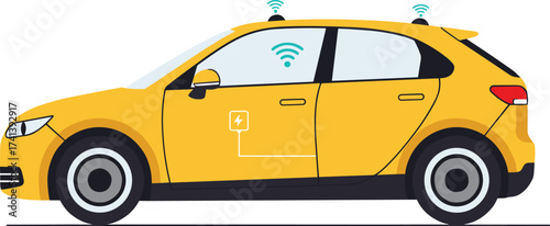 Modern yellow electric smart car with wireless internet connectivity, eco-friendly technology, and innovative autonomous vehicle concept illustration
