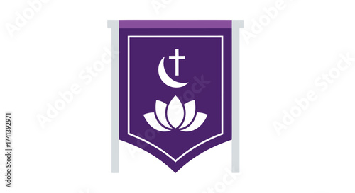 Purple Interfaith Banner with Crescent Moon Cross and Lotus Flower Symbols.