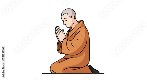 Kneeling Monk in Prayer with Hands Clasped Wearing Traditional Robe.