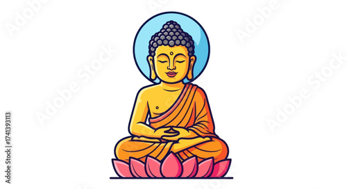 Cartoon Buddha Meditating on Lotus Flower with Halo.
