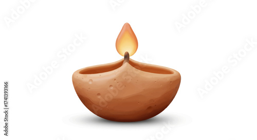 Lit Clay Diya Lamp with Flame for Diwali Celebration.