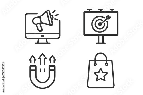 Marketing and advertising line icon set. Vector collection for business. Digital promotion, targeted billboard ad, customer attraction magnet, and brand shopping bag icons.