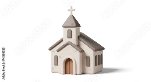 Miniature Ceramic Church with Cross on Top Isolated.