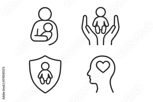 Child care line icon set. Parenthood, family and baby safety concept. Vector icons of child protection, support, love, and mental health awareness for web design.
