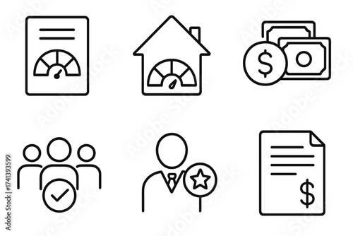 Credit rating and score line icon set. Vector icons for financial scoring, mortgage, money loan, guarantors, auditor, collection. Finance report and banking pictogram.