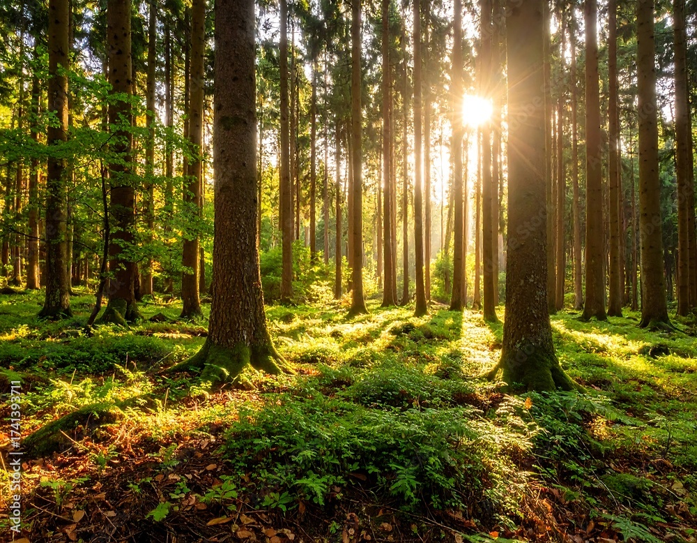 Fototapeta premium Sunlight streams through a dense forest (5)