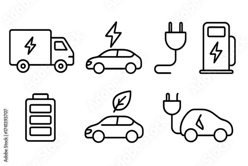 Electric car and eco transport line icon set. EV charging station, battery, plug, and sustainable vehicle symbols. Vector collection for web and logistics. Clean energy concept.