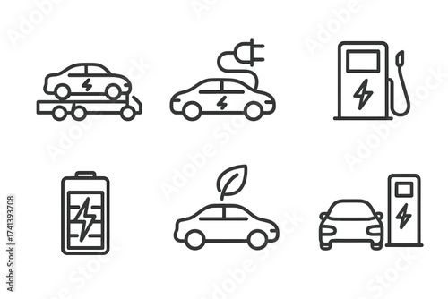 Electric car line icon set. EV charging station, battery power, and eco transport symbols. Vector collection for sustainable mobility, logistics, and green energy concepts.