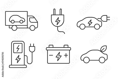 Electric car web icons set in thin line style. EV collection with logistic, electrical plug, charger, charging station, battery, and eco transport symbols. Vector illustration.