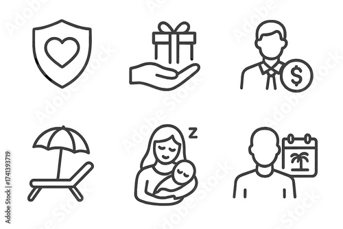 Employee benefits line icon set. Vector symbols for health insurance, bonus, social security, maternity rest, paid vacation. HR and corporate perks graphic elements collection.
