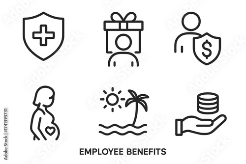 Employee benefits icon set. Line icons for health insurance, bonus, social security, maternity leave, paid vacation, salary. Vector collection for HR and corporate perks.