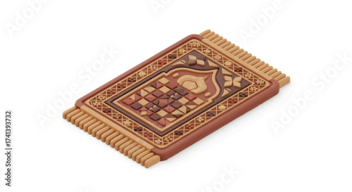 Intricately Designed Prayer Rug with Detailed Pattern and Fringe.