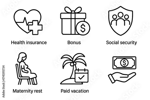 Employee benefits line icon set. Corporate perks vector collection. Health insurance, bonus, social security, maternity leave, paid vacation, salary. HR web icons for business.