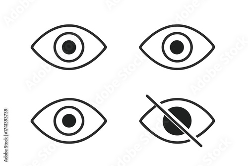 Eye icon set for web and app design. Line style symbols for view, visible, look, and hidden content. Show and hide password or sensitive data pictogram. Vector illustration.