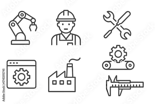 Engineering and manufacturing line icon set. Industry, production, automation symbols. Vector collection with engineer, robot arm, factory, tools, conveyor, caliper.