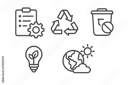 Energy management line icon set. Sustainable development with concepts like recycling, waste reduction, green energy, and climate stability. Vector ecology illustration.