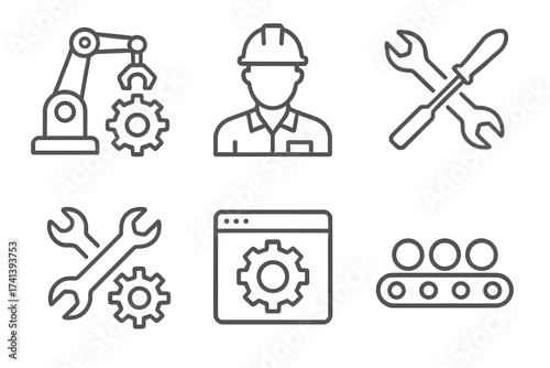 Engineering line icon set for manufacturing and industry. Automation, production process, robot arm, conveyor, engineer, tools, repair, settings. Vector graphic element collection.