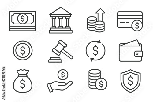 Finance money web icons line style. Money, bank, profit, finance capital, payment, auction, exchange, wallet, deposit infographic. Icon collection. Financial growth concept. Vector.
