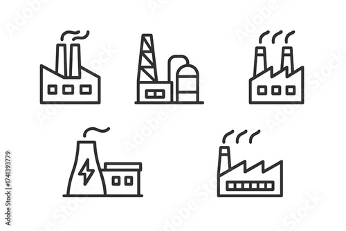 Factory line icon set. Industrial buildings pictograms. Manufacturing, production, refinery, power plant. Energy, technology, industry symbols. Clean vector illustration.