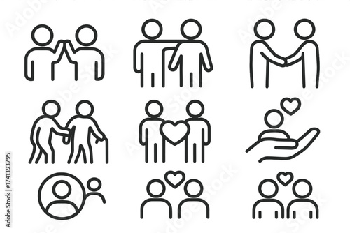 Friendship and relationship line icon set. Vector collection of symbols for love, care, support, and teamwork. Includes high-five, handshake, and mutual assistance icons.