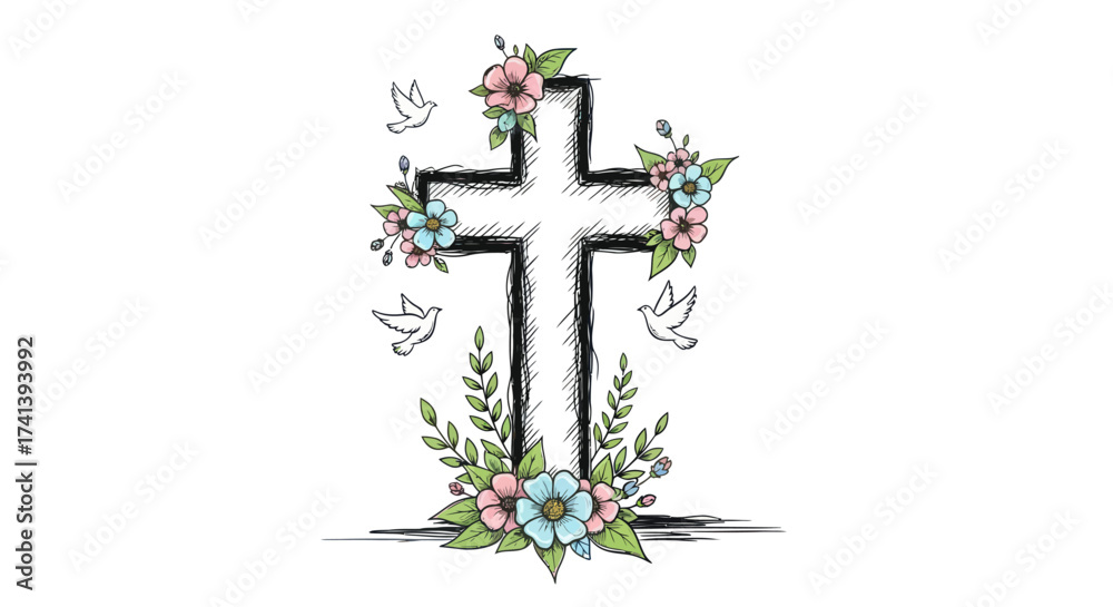 Εκτύπωση καμβά Hand-drawn Cross Adorned with Flowers and Doves.