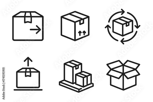 Logistics and shipping line icon set. Delivery box, package, and cargo symbols. Vector icons for e-commerce, distribution, return, and unboxing. Warehouse and freight concept.