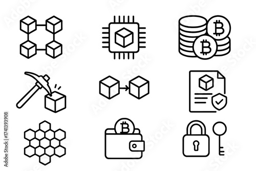 Blockchain technology and cryptocurrency line icon set. Vector symbols of mining, smart contract, transaction, security key, bitcoin wallet, decentralized network, finance.