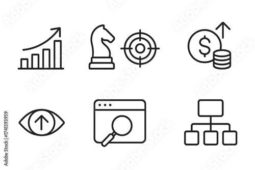 Business growth icon set. Line icons for marketing strategy, sales increase, profit, financial vision, SEO analysis, and targeting goals. Vector collection for web design.