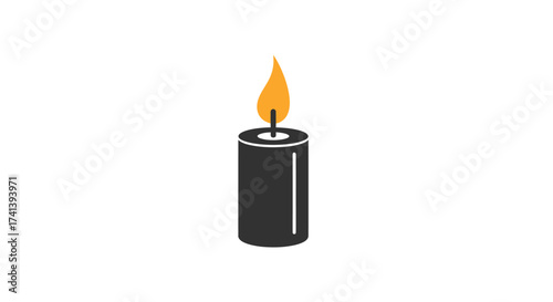 Simple Black Candle with Bright Orange Flame on White Background.