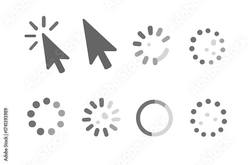 Computer mouse cursor icon set with arrow pointer, click effect, and various loading, waiting, and progress bar symbols. Vector illustration for UI and UX design elements.