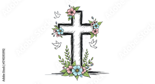 Hand-drawn Cross Adorned with Flowers and Doves.