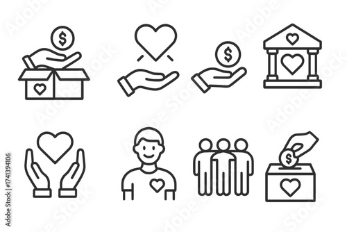 Donation and charity line icon set. Vector symbols of giving, volunteering, and fundraising. Includes heart, hands, money, and community for nonprofit and social aid concepts.