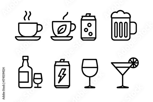 Drinks and beverages icon set in thin line style. Coffee, tea, soda, beer, wine, cocktail, energy drink and alcohol symbols. Vector collection for web, menu or app design.