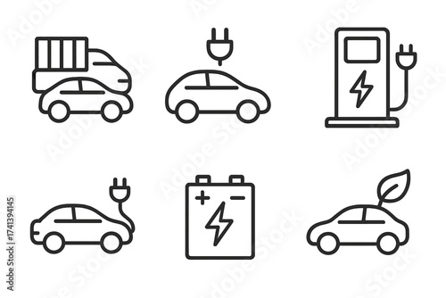 Electric car line icons. EV charging station, battery power, eco transport symbol collection. Vector set of green energy, sustainable vehicle, automotive pictograms for web.