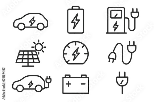 Electric vehicle line icon set. EV transport web icons with editable stroke. Vector pictograms of car, battery, charging station, solar panel, plug. Green energy automobile symbols.