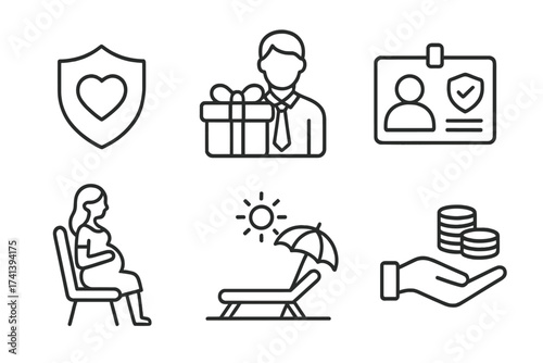 Employee benefits line icon set. Health insurance, bonus, social security, maternity leave, paid vacation, salary pictogram collection. Corporate perks vector symbols.