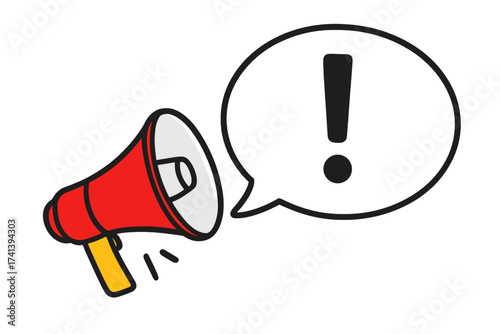 Megaphone with important message speech bubble. Loudspeaker for business, marketing, and advertising. Announcement icon with exclamation mark. Vector illustration with alert symbol.