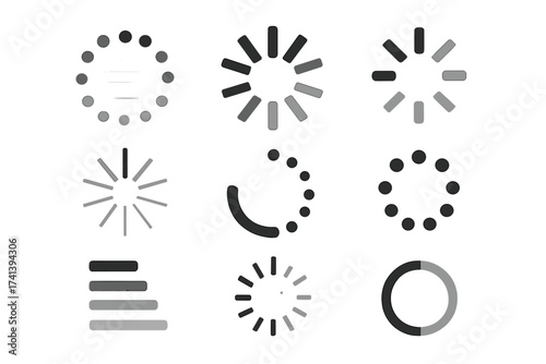 Loading icon set with buffer and preloader symbols. Vector collection of simple web download and upload indicators. Circular progress spinner elements for UI and UX design.