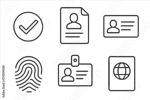 Identity verification & personal data security icon set. Line art collection with passport, ID card, fingerprint & document icons. Authentication & identification concept.