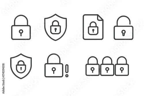 Lock web icons in thin line style. Security and data protection concepts. Vector symbol set with padlock, shield, secure document and access alert. For UI and UX design.