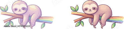 Cartoon sloths lying on rainbow tree branches, cute whimsical animals, playful wildlife illustration, imaginative children’s artwork, fantasy jungle character design